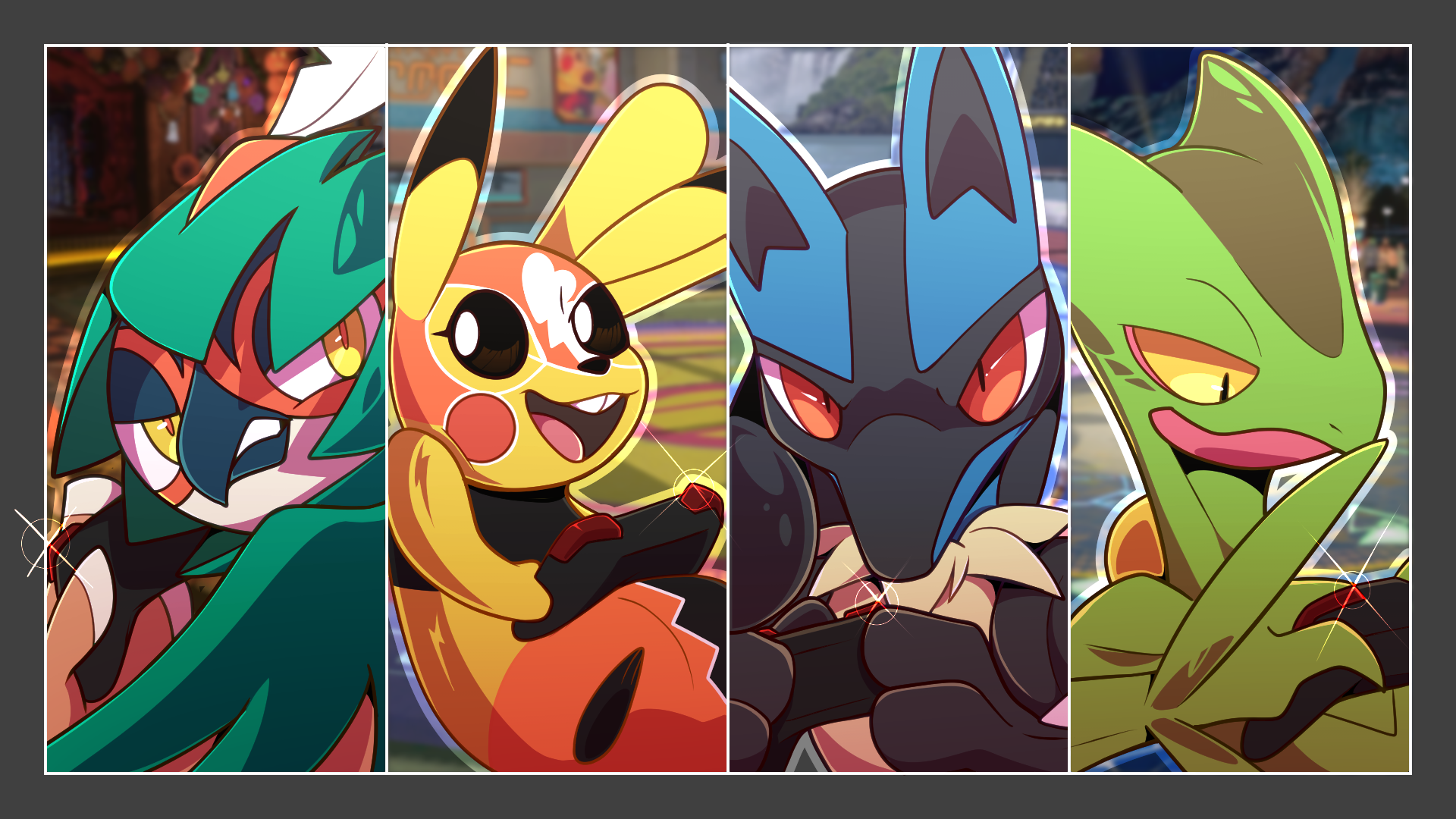 Main banner, showing Decidueye, Pikachu Libre, Lucario and Sceptile all holding video game controllers.